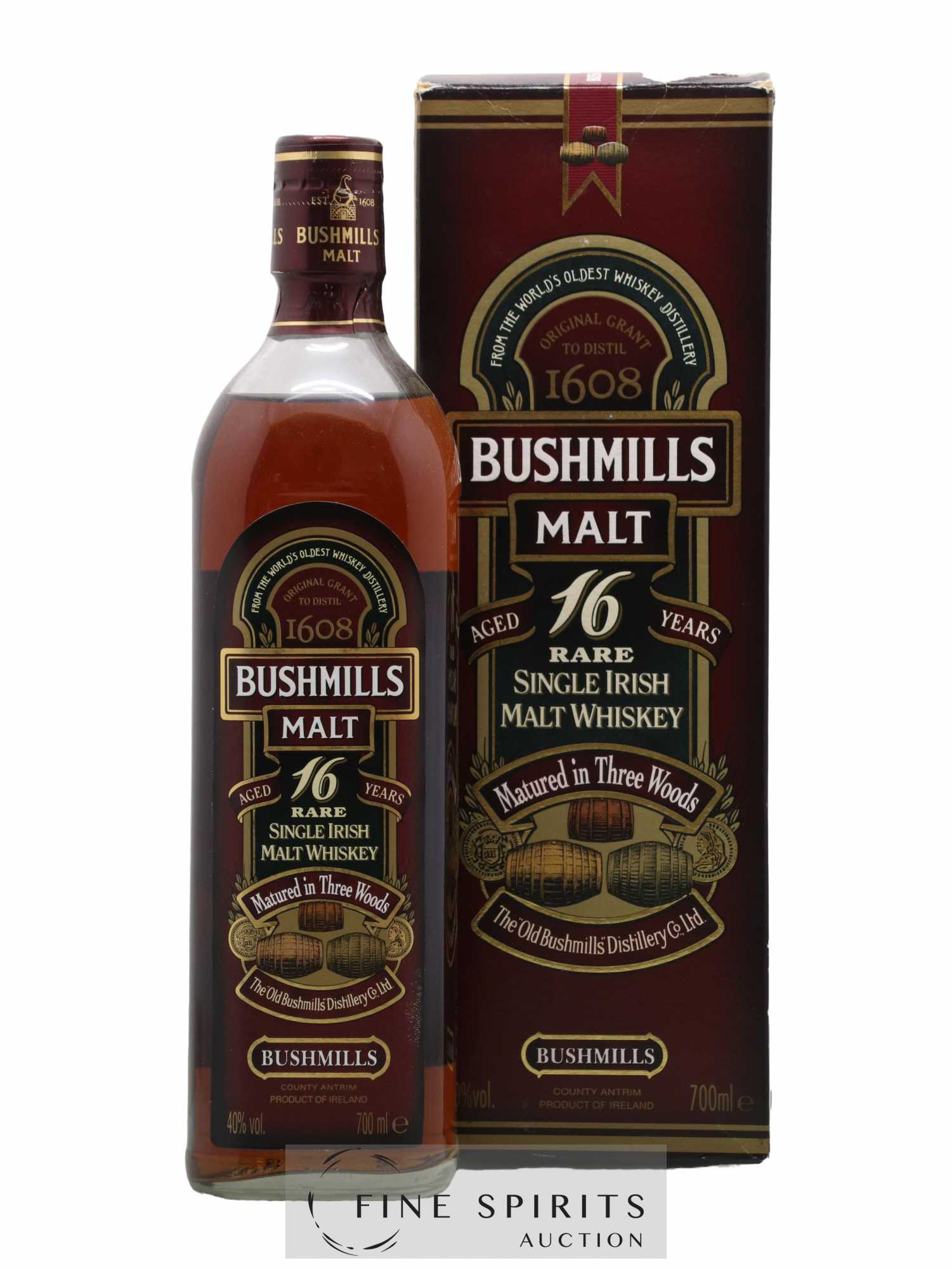 Bushmills 16 years Of. Matured in three woods