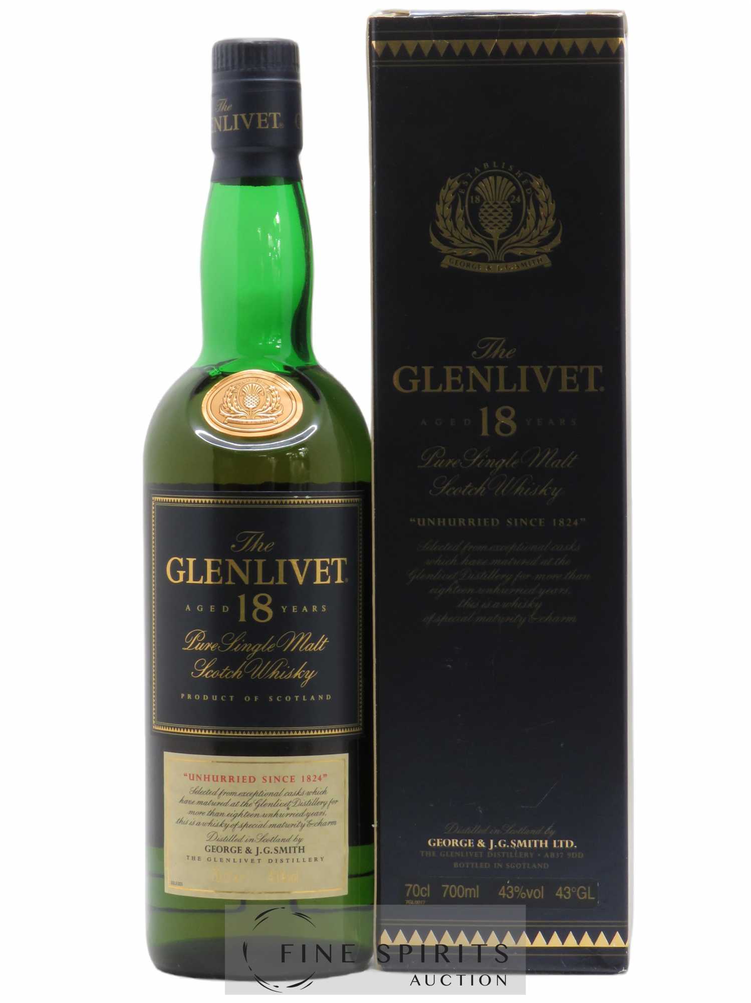 Glenlivet 18 years Of. two-part label unhurried since 1824