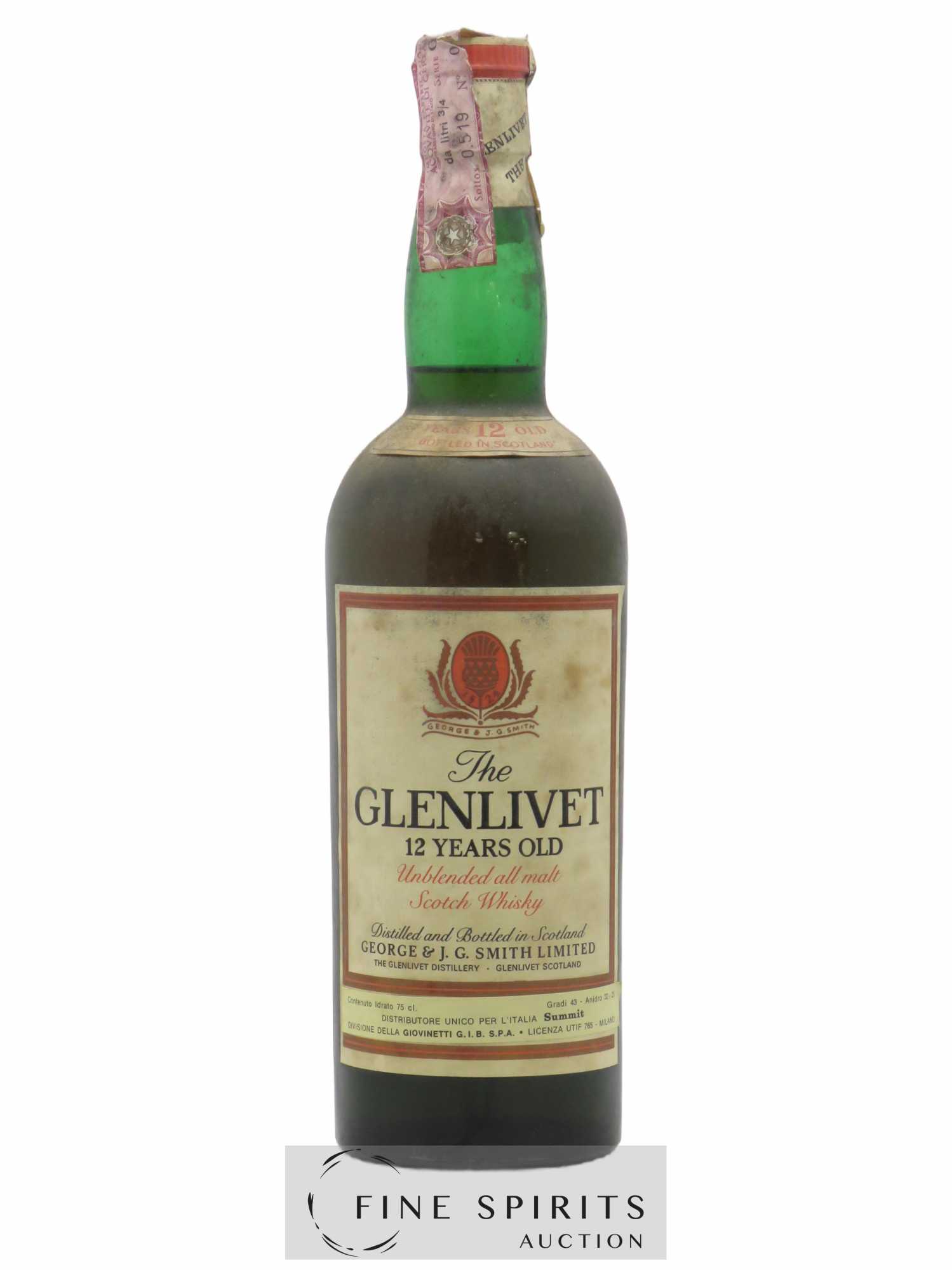 Glenlivet 12 years Of. Unblended all malt Scotch Whisky Giovinetti Import