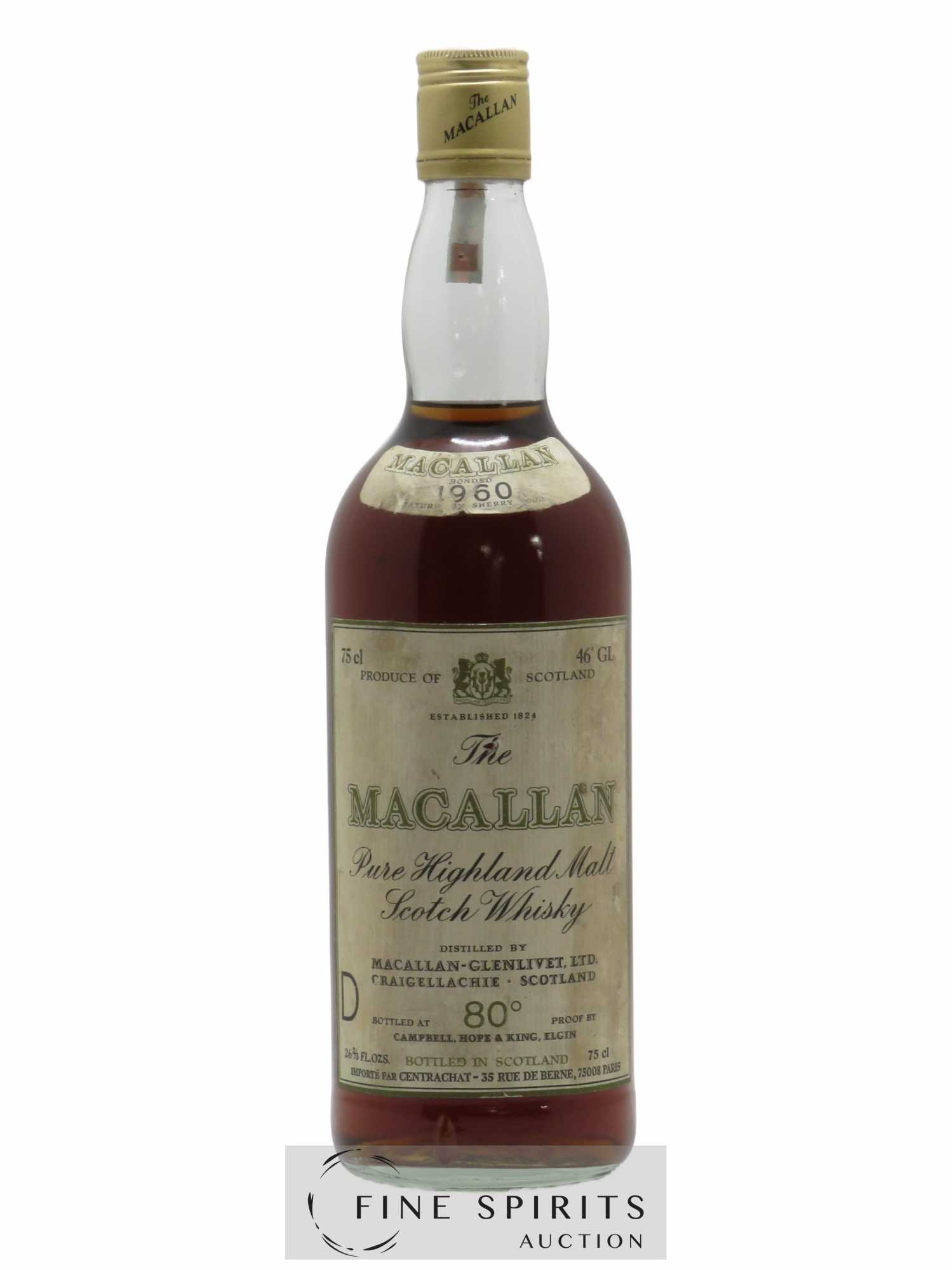 Macallan (The) 1960 Campbell, Hope and King, Elgin Sherry Wood Matured Import by Centrachat, Paris bottled at 80° Proof