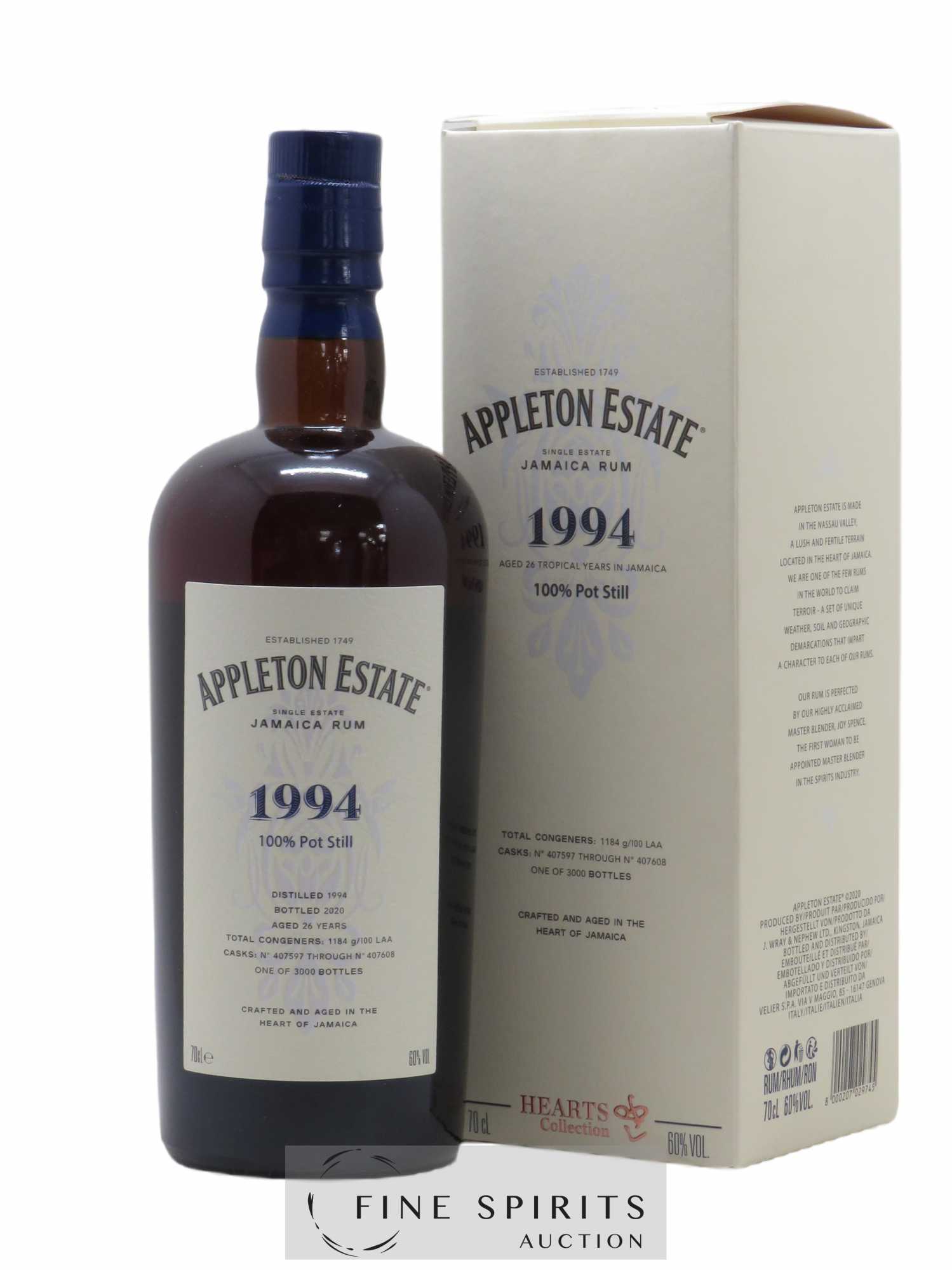 Appleton Estate 26 years 1994 Of. Pot Still Cask n°407597 through n°407608 - One of 3000 - bottled 2020 Hearts Collection