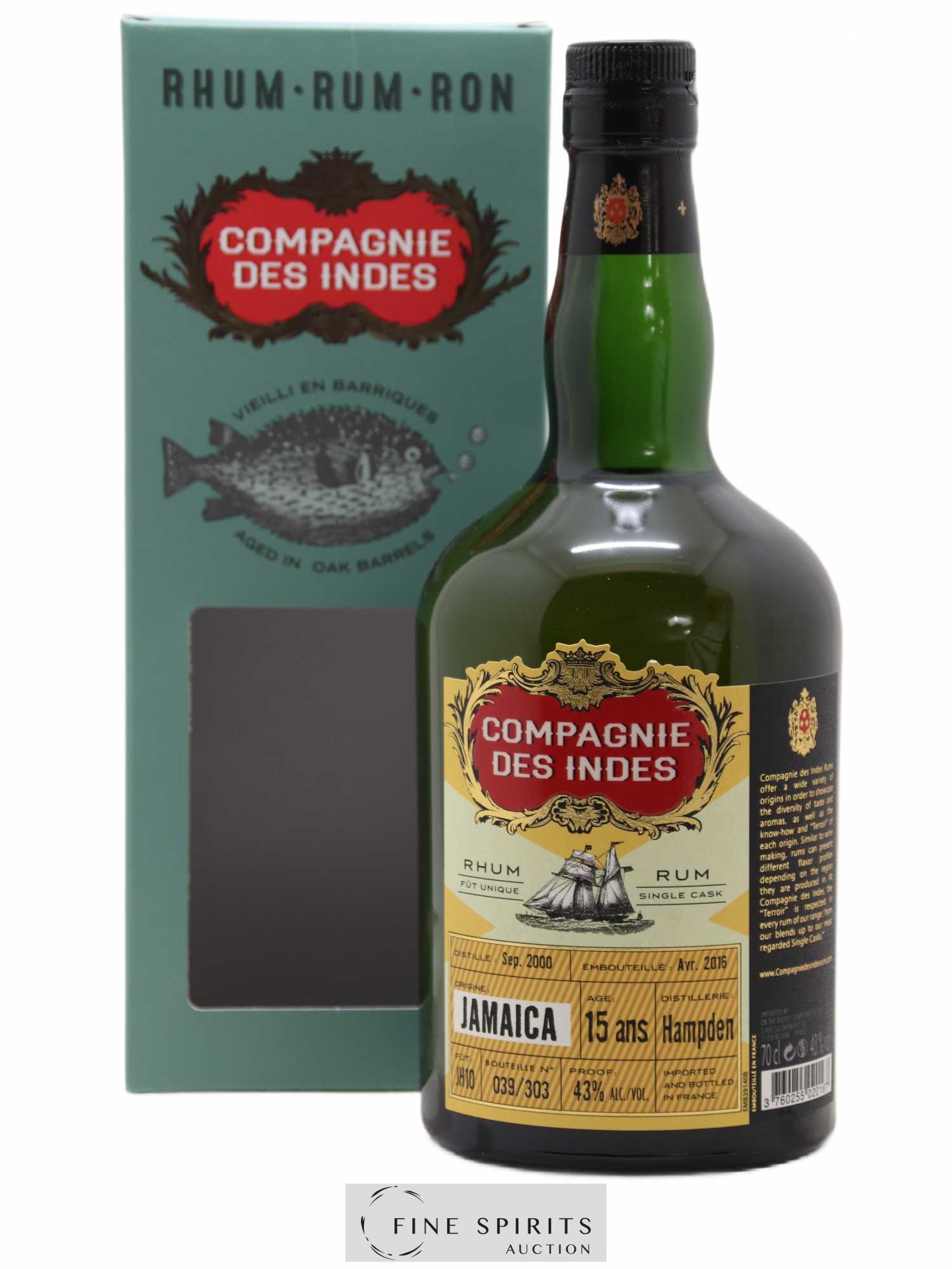 Hampden 15 years 2000 Compagnie des Indes Single Cask n°JH10 - One of 303 - bottled 2016